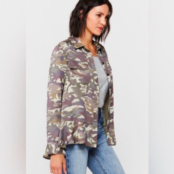 VELVET HEART Camo Button Down Shirt Bottom Ruffle Green S - Picture 1 of 13